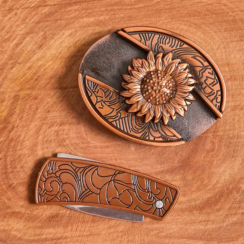 Herren DIY Rot Bronze Sonnenblume Verstecktes Klappmesser Ledergürtel - image 4