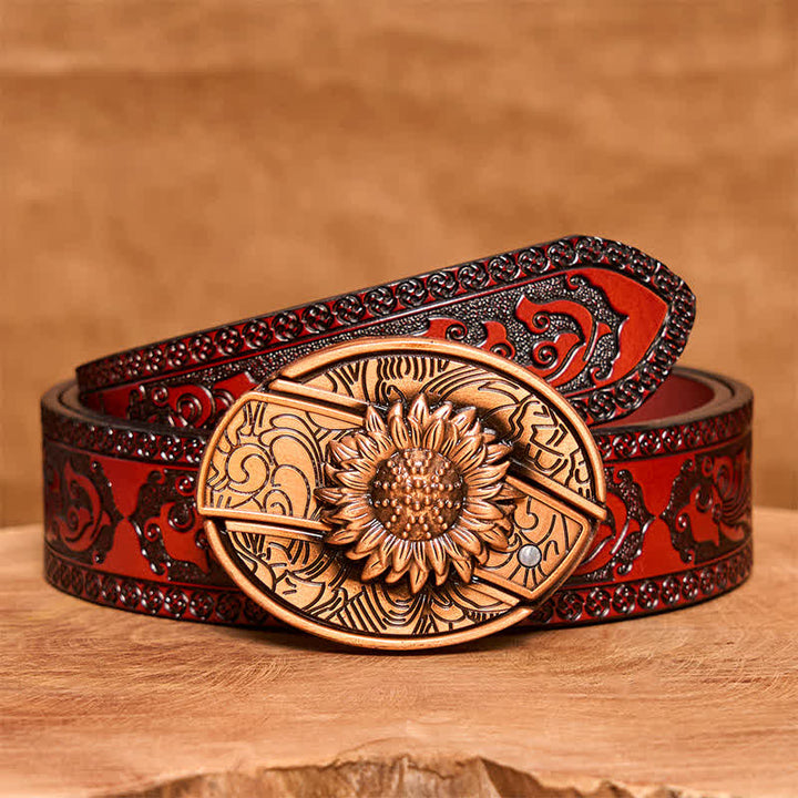 Herren DIY Rot Bronze Sonnenblume Verstecktes Klappmesser Ledergürtel - Sonnenblume - Brauner geschnitzter Gürtel - 42 - image 8