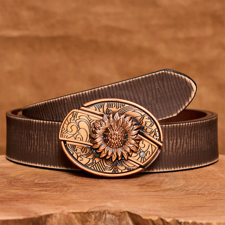 Herren DIY Rot Bronze Sonnenblume Verstecktes Klappmesser Ledergürtel - Sonnenblume - Brauner Distressed-Gürtel - 42 - image 9