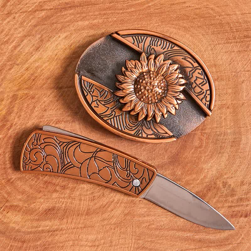 Herren DIY Rot Bronze Sonnenblume Verstecktes Klappmesser Ledergürtel - image 2
