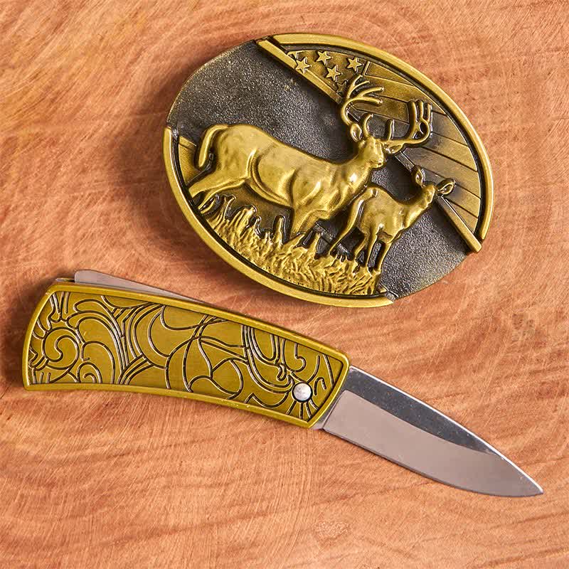 Herren DIY Bronze Dual Deers Verstecktes Klappmesser Ledergürtel - image 2