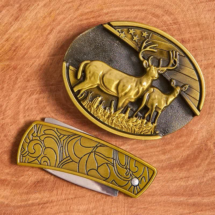 Herren DIY Bronze Dual Deers Verstecktes Klappmesser Ledergürtel - image 3