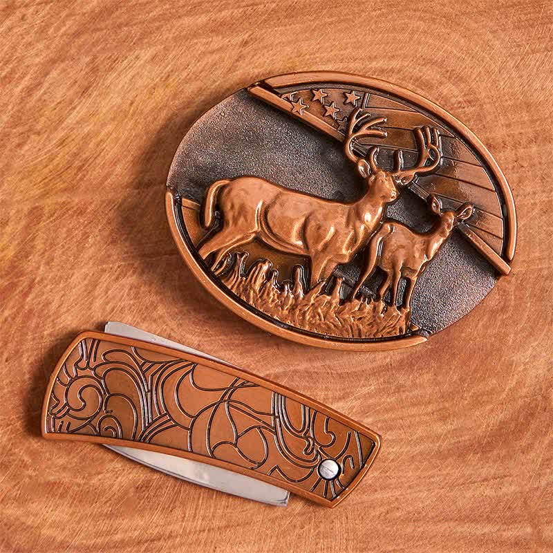 Herren DIY Rot Bronze Dual Deers Verstecktes Klappmesser Ledergürtel - image 4