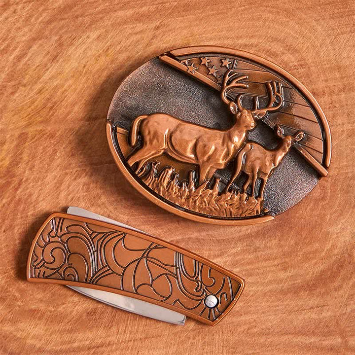 Herren DIY Rot Bronze Dual Deers Verstecktes Klappmesser Ledergürtel - image 4