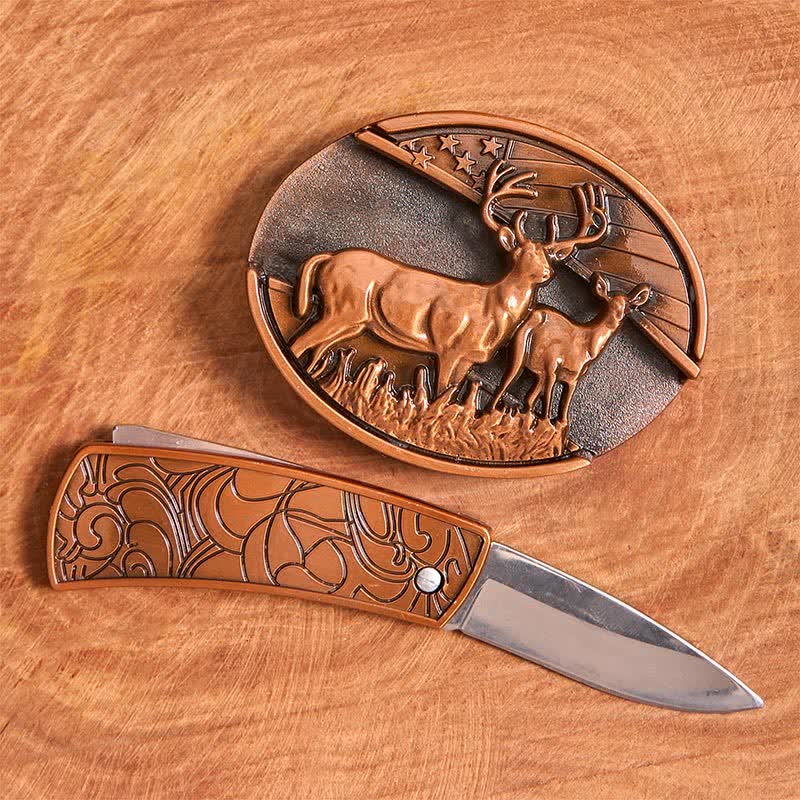 Herren DIY Rot Bronze Dual Deers Verstecktes Klappmesser Ledergürtel - image 2