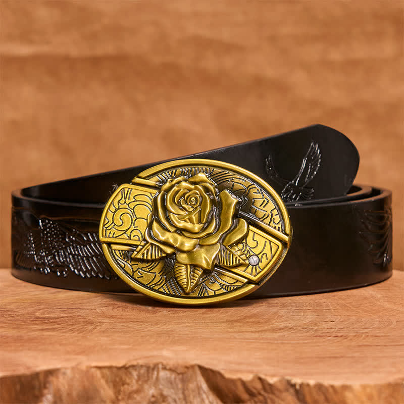 Herren DIY Bronze Rose Verstecktes Klappmesser Ledergürtel - Rose - Schwarzer Gürtel mit geprägtem Adler - 42 - image 7