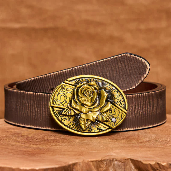 Herren DIY Bronze Rose Verstecktes Klappmesser Ledergürtel - Rose - Brauner Distressed-Gürtel - 42 - image 9