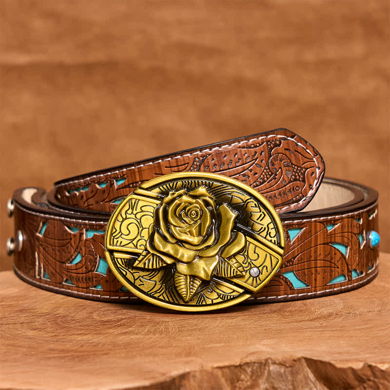 Herren DIY Bronze Rose Verstecktes Klappmesser Ledergürtel - Rose - Türkisfarbener geschnitzter Gürtel - 42 - image 6
