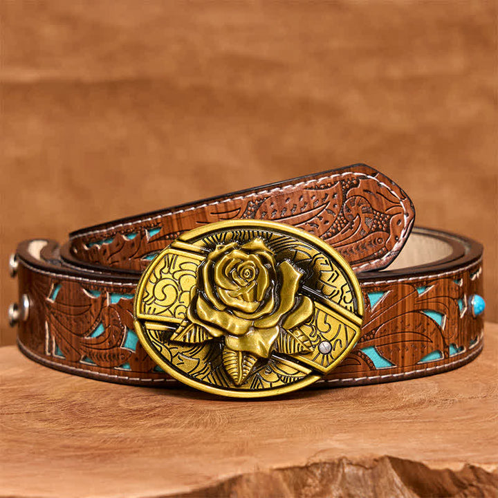 Herren DIY Bronze Rose Verstecktes Klappmesser Ledergürtel - Rose - Türkisfarbener geschnitzter Gürtel - 42 - image 6