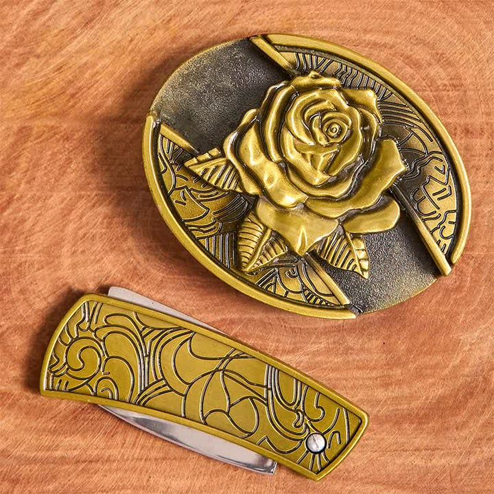Herren DIY Bronze Rose Verstecktes Klappmesser Ledergürtel - image 4