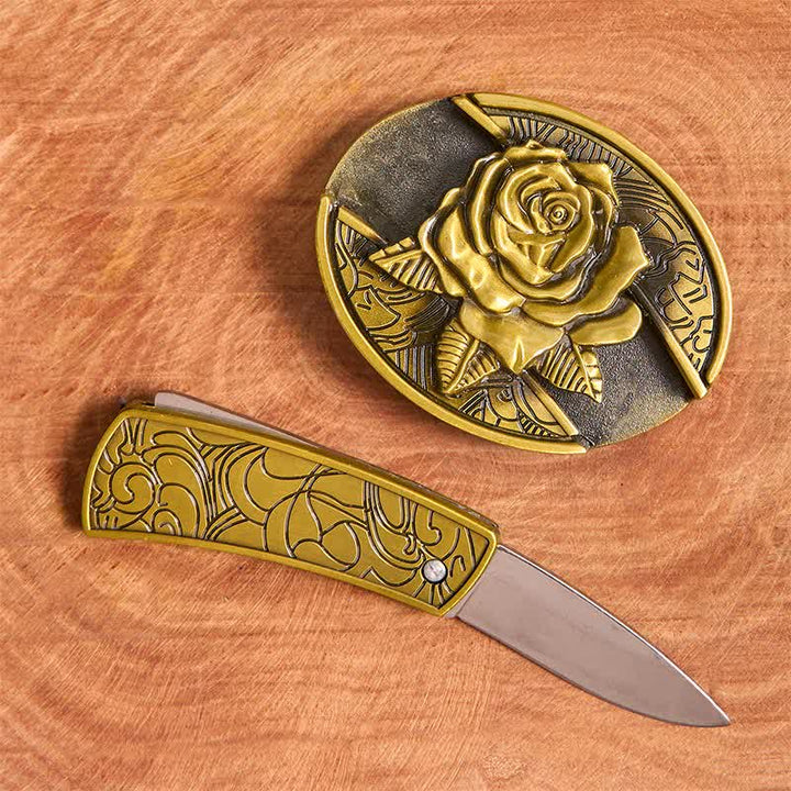 Herren DIY Bronze Rose Verstecktes Klappmesser Ledergürtel - image 2
