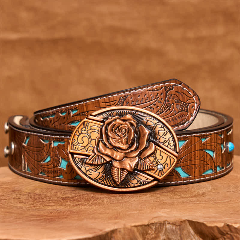 Herren DIY Rot Bronze Rose Verstecktes Klappmesser Ledergürtel - Rose - Türkisfarbener geschnitzter Gürtel - 42 - image 6