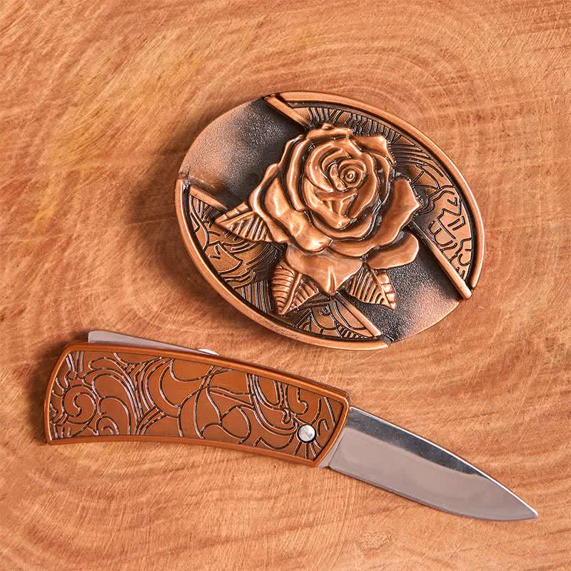 Herren DIY Rot Bronze Rose Verstecktes Klappmesser Ledergürtel - image 2
