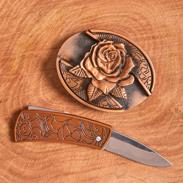 Herren DIY Rot Bronze Rose Verstecktes Klappmesser Ledergürtel - image 2