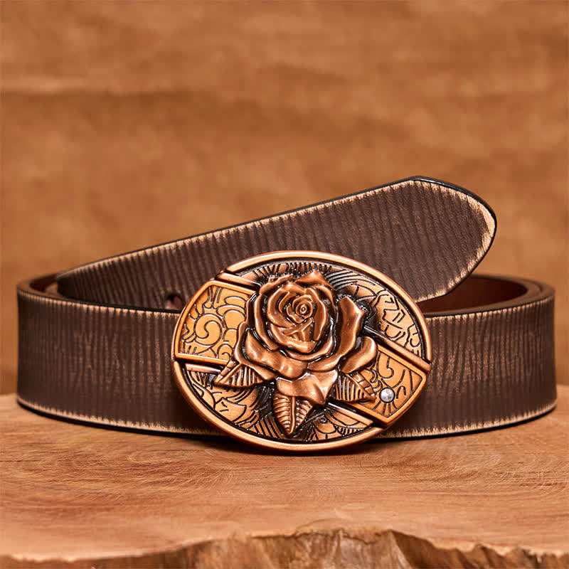Herren DIY Rot Bronze Rose Verstecktes Klappmesser Ledergürtel - Rose - Brauner Distressed-Gürtel - 42 - image 9