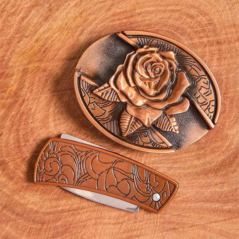 Herren DIY Rot Bronze Rose Verstecktes Klappmesser Ledergürtel - image 4