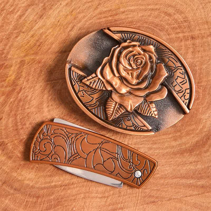 Herren DIY Rot Bronze Rose Verstecktes Klappmesser Ledergürtel - image 4