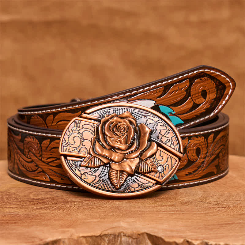 Herren DIY Rot Bronze Rose Verstecktes Klappmesser Ledergürtel - Rose - Brauner Federgürtel - 40 - image 10