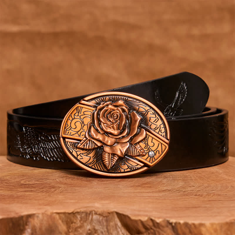 Herren DIY Rot Bronze Rose Verstecktes Klappmesser Ledergürtel - Rose - Schwarzer Gürtel mit geprägtem Adler - 42 - image 7