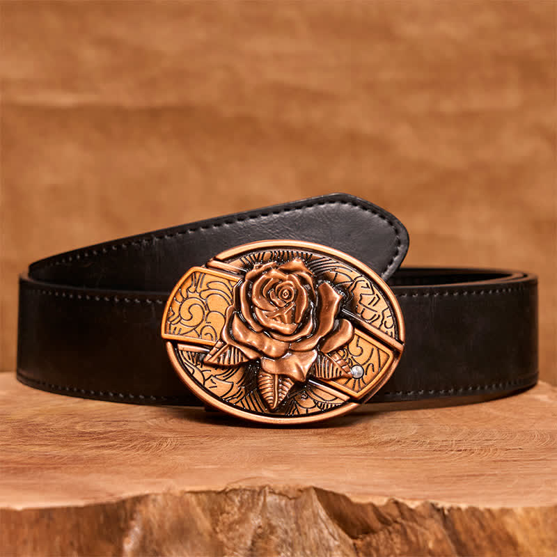 Herren DIY Rot Bronze Rose Verstecktes Klappmesser Ledergürtel - Rose - Schwarzer PU-Gürtel - 42 - image 5