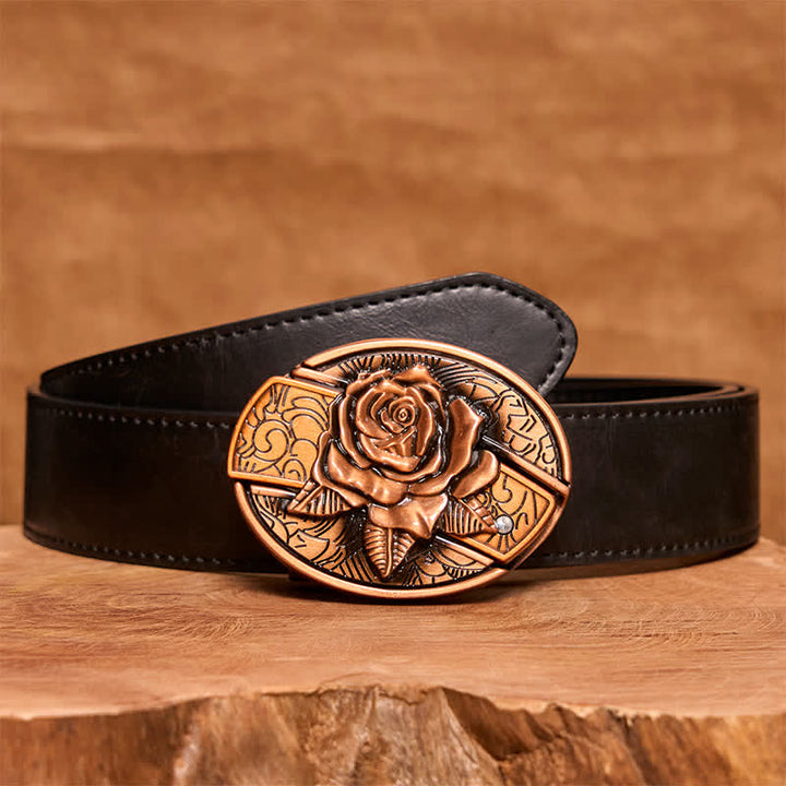 Herren DIY Rot Bronze Rose Verstecktes Klappmesser Ledergürtel - Rose - Schwarzer PU-Gürtel - 42 - image 5