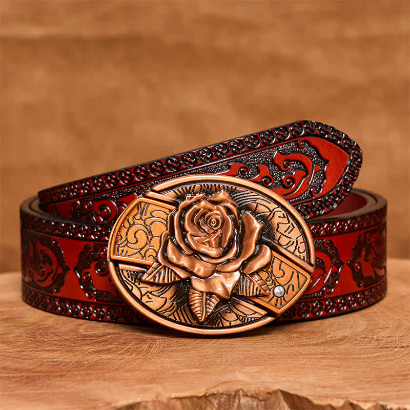 Herren DIY Rot Bronze Rose Verstecktes Klappmesser Ledergürtel - Rose - Brauner geschnitzter Gürtel - 42 - image 8