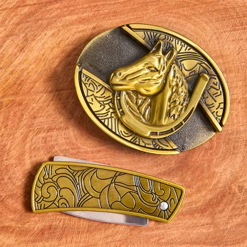 Herren DIY Bronze Pferdekopf Verstecktes Klappmesser Ledergürtel - image 4