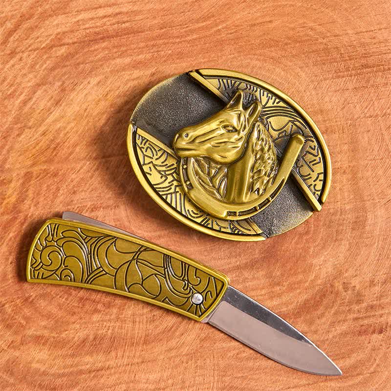 Herren DIY Bronze Pferdekopf Verstecktes Klappmesser Ledergürtel - image 2