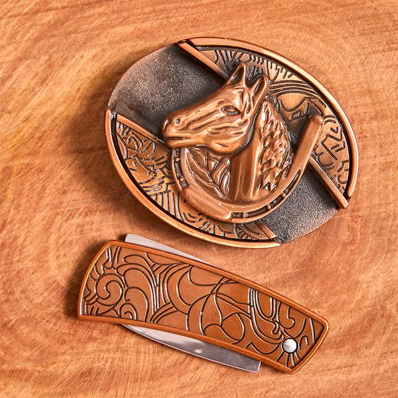 Herren DIY Rot Bronze Pferdekopf Verstecktes Klappmesser Ledergürtel - image 4