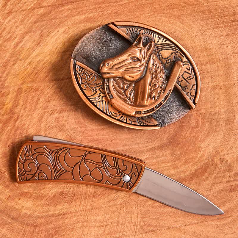 Herren DIY Rot Bronze Pferdekopf Verstecktes Klappmesser Ledergürtel - image 2