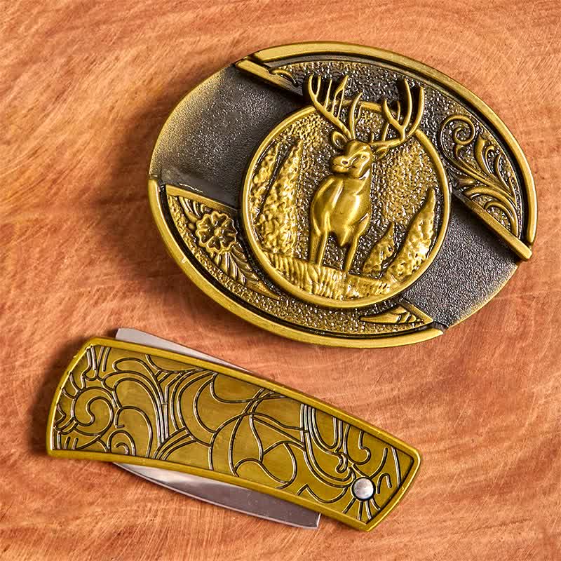 Herren DIY Bronze Forest Deer verstecktes Klappmesser Ledergürtel - image 4
