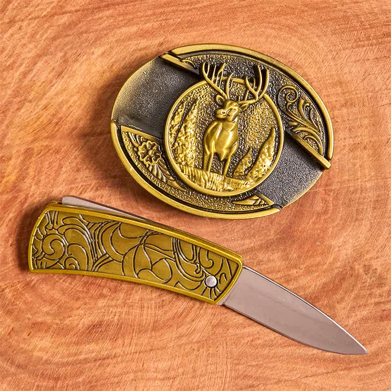 Herren DIY Bronze Forest Deer verstecktes Klappmesser Ledergürtel - image 2