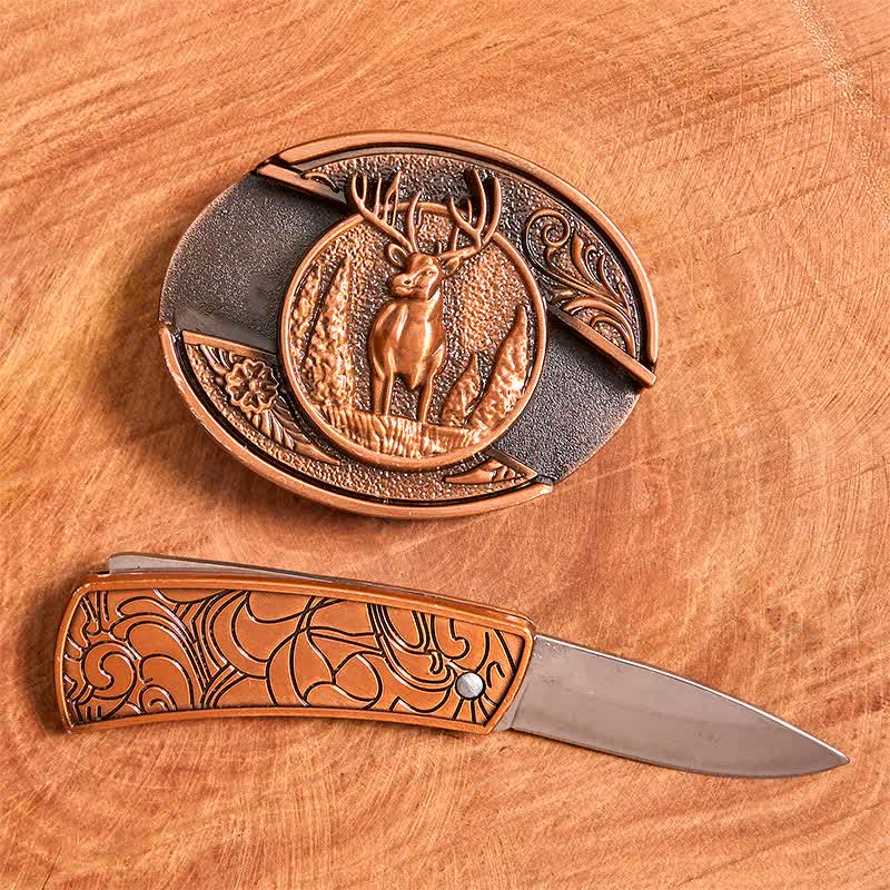 Herren DIY Rot Bronze Wald Hirsch Verstecktes Klappmesser Ledergürtel - image 2