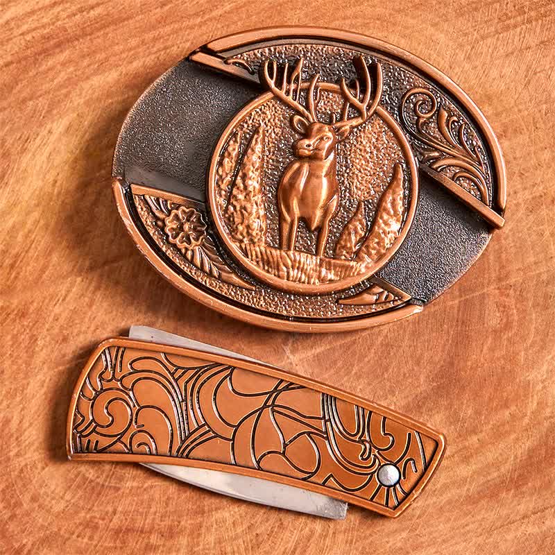 Herren DIY Rot Bronze Wald Hirsch Verstecktes Klappmesser Ledergürtel - image 4