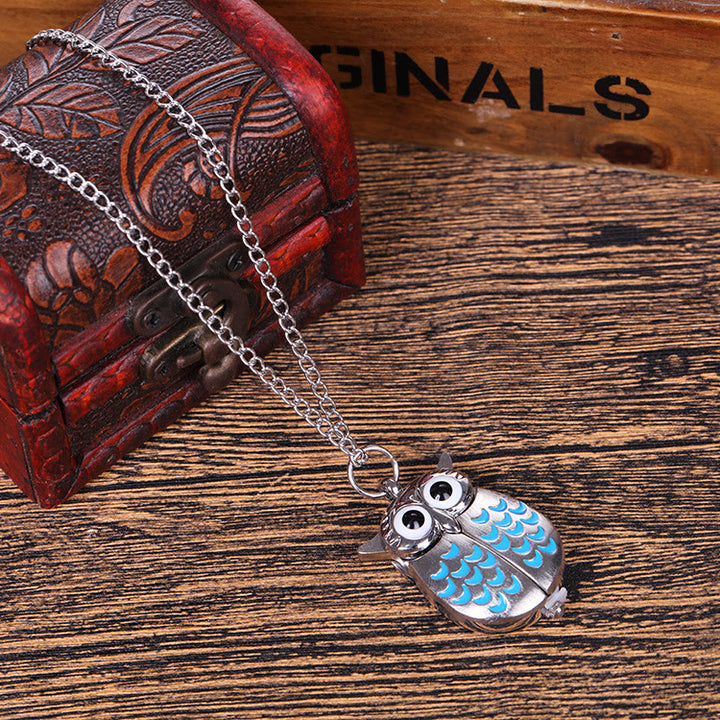 Unisex süße Eule Retro Quarz Taschenuhr lange Kette - Blau - image 5