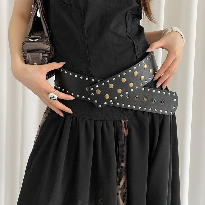 Damen Schwarz-Weiß Modischer Schmaler Nietengürtel - image 3