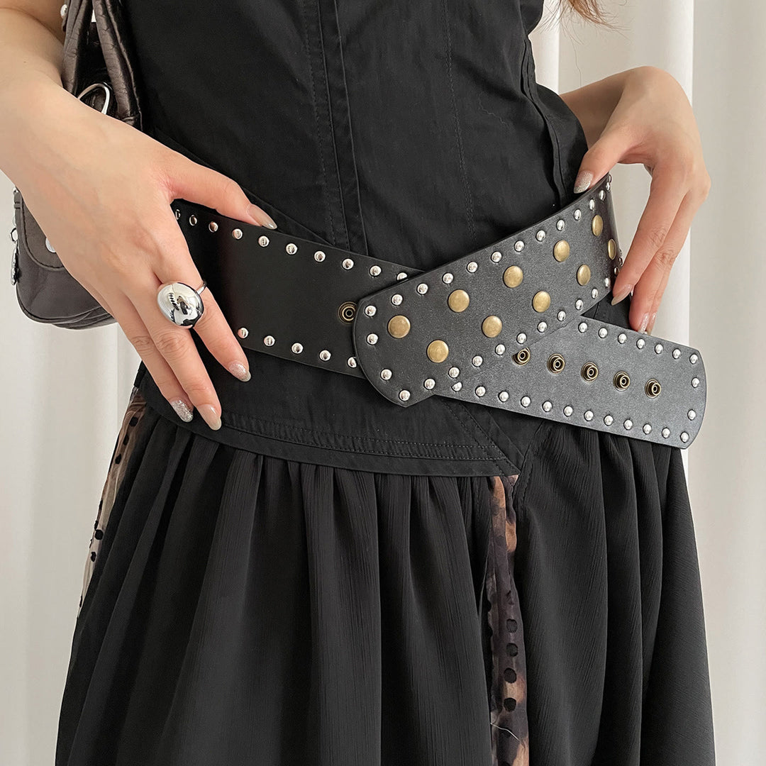 Damen Schwarz-Weiß Modischer Schmaler Nietengürtel - Schwarz - image 1