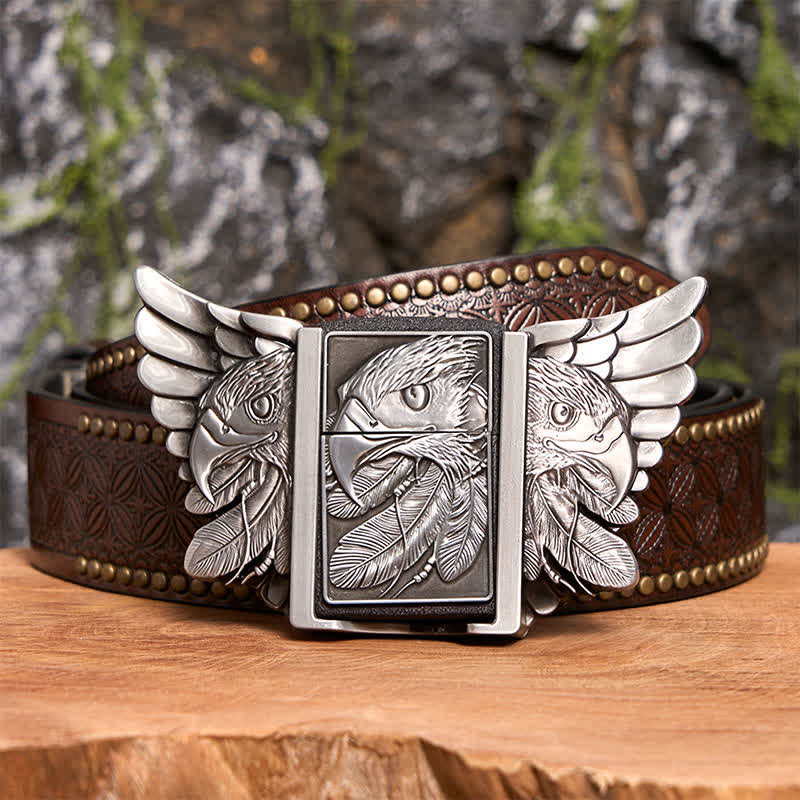 DIY Silberner Mighty Eagle Ledergürtel für Herren mit verstecktem Feuerzeug - Adler - Brauner Nietengürtel - 42 - image 8