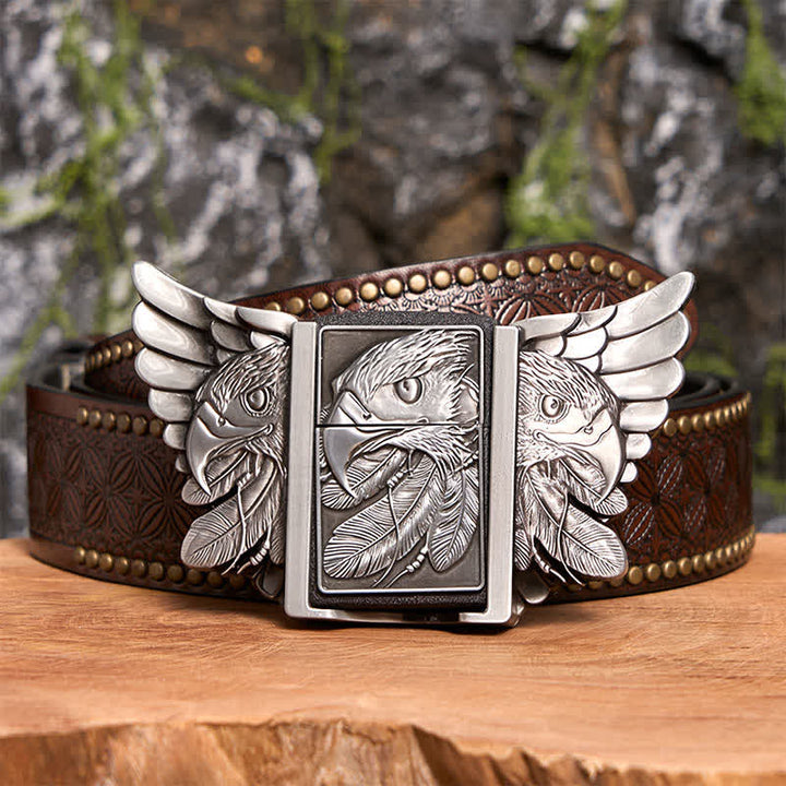 DIY Silberner Mighty Eagle Ledergürtel für Herren mit verstecktem Feuerzeug - Adler - Brauner Nietengürtel - 42 - image 8