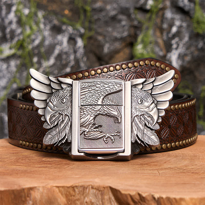 DIY-Ledergürtel für Herren mit silbernem Adler und verstecktem Feuerzeug - Aufsteigender Adler - Brauner Nietengürtel - 42 - image 8