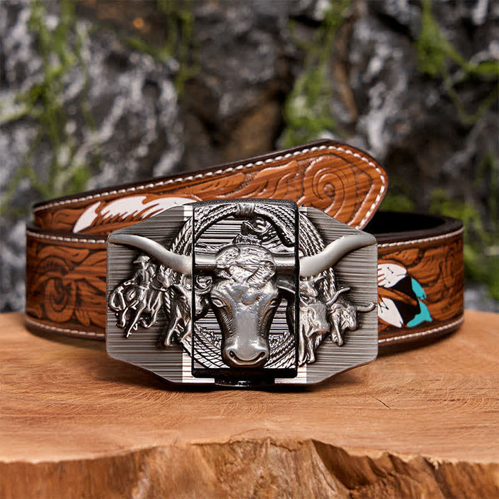 Silberner, dominanter Bullenledergürtel für Herren zum Selbermachen mit verstecktem Feuerzeug - Longhorn-Bulle - Brauner Federgürtel - 40 - image 11