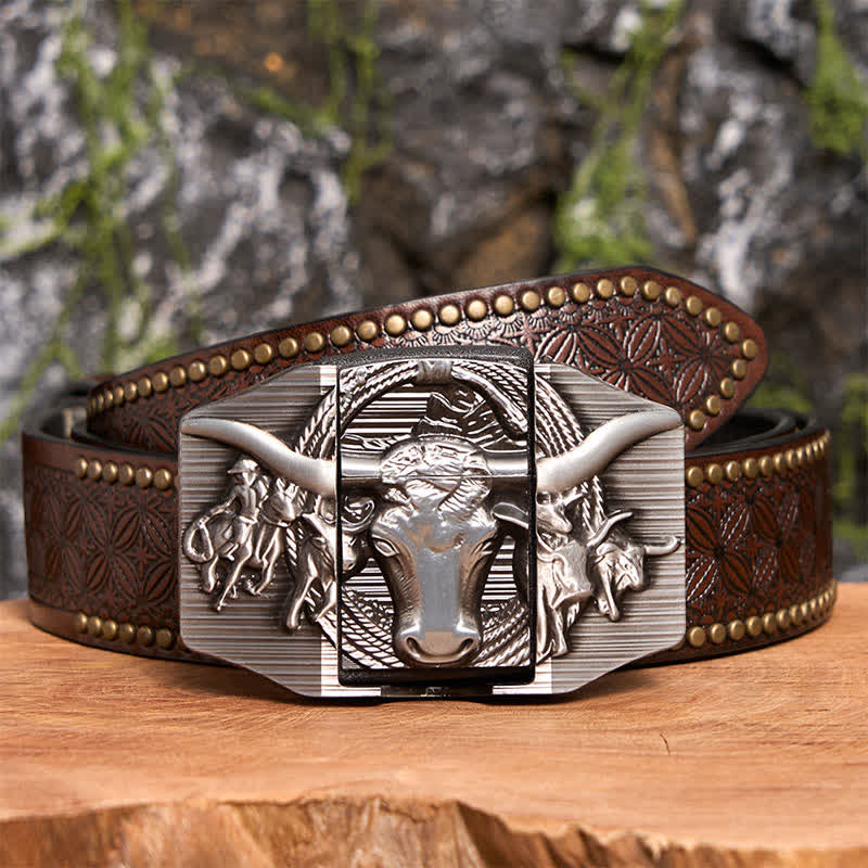 Silberner, dominanter Bullenledergürtel für Herren zum Selbermachen mit verstecktem Feuerzeug - Longhorn-Bulle - Brauner Nietengürtel - 42 - image 8
