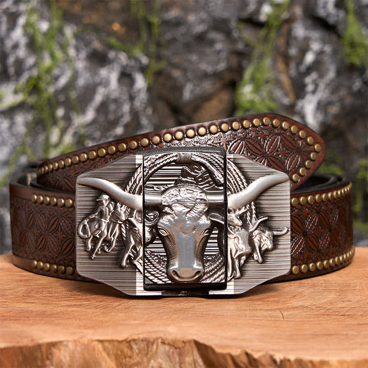 Silberner, dominanter Bullenledergürtel für Herren zum Selbermachen mit verstecktem Feuerzeug - Longhorn-Bulle - Brauner Nietengürtel - 42 - image 8