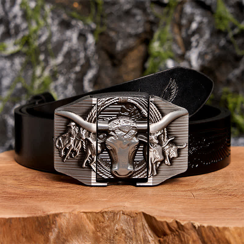 Silberner, dominanter Bullenledergürtel für Herren zum Selbermachen mit verstecktem Feuerzeug - Longhorn-Bulle - Schwarzer Gürtel mit geprägtem Adler - 42 - image 3