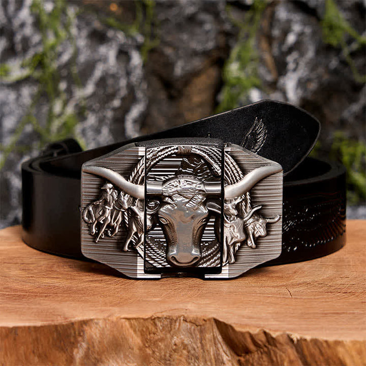 Silberner, dominanter Bullenledergürtel für Herren zum Selbermachen mit verstecktem Feuerzeug - Longhorn-Bulle - Schwarzer Gürtel mit geprägtem Adler - 42 - image 3