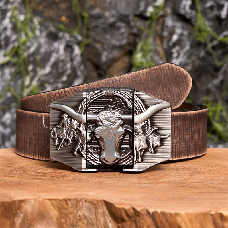Silberner, dominanter Bullenledergürtel für Herren zum Selbermachen mit verstecktem Feuerzeug - Longhorn-Bulle - Brauner Distressed-Gürtel - 42 - image 9