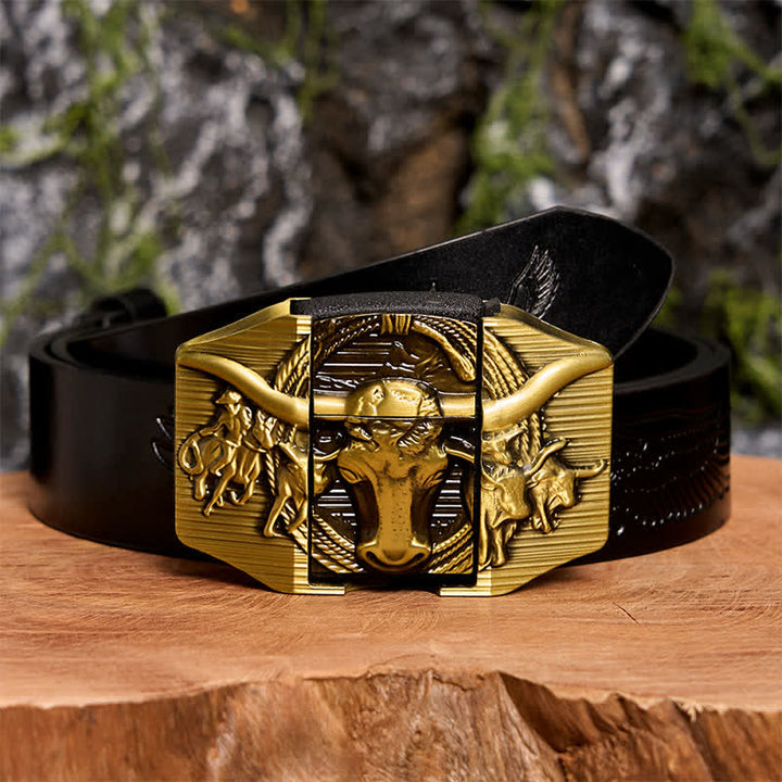 DIY Golden Domineering Bull Ledergürtel für Herren mit verstecktem Feuerzeug - Longhorn-Bulle - Schwarzer Gürtel mit geprägtem Adler - 42 - image 3