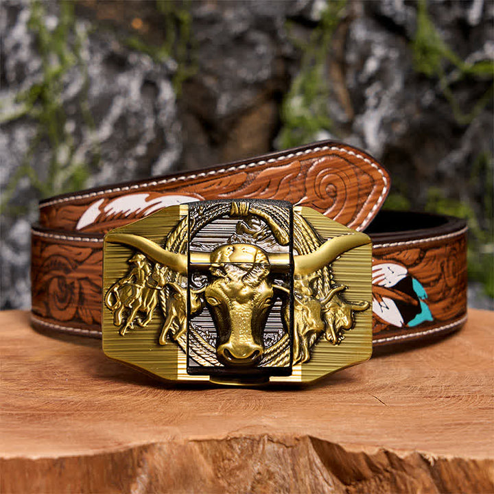 DIY Golden Domineering Bull Ledergürtel für Herren mit verstecktem Feuerzeug - Longhorn-Bulle - Brauner Federgürtel - 40 - image 11