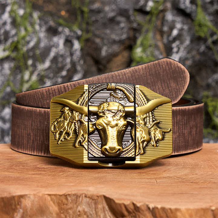 DIY Golden Domineering Bull Ledergürtel für Herren mit verstecktem Feuerzeug - Longhorn-Bulle - Brauner Distressed-Gürtel - 42 - image 8