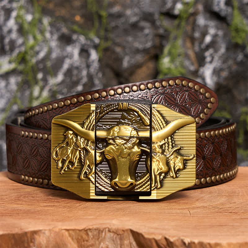 DIY Golden Domineering Bull Ledergürtel für Herren mit verstecktem Feuerzeug - Longhorn-Bulle - Brauner Nietengürtel - 42 - image 8